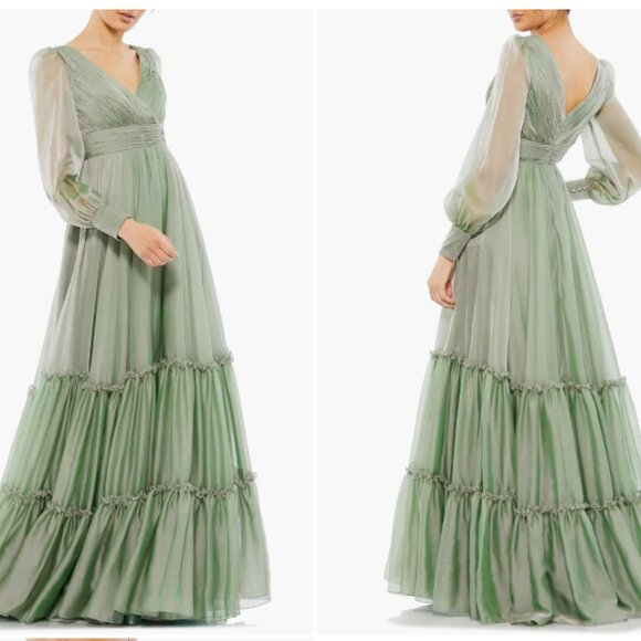 MAC DUGGAL 678641 FAUX WRAP ILLUSIONS BISHOP SLEEVE SAGE TIERED CHIFFON GOWN  4 - Picture 1 of 5